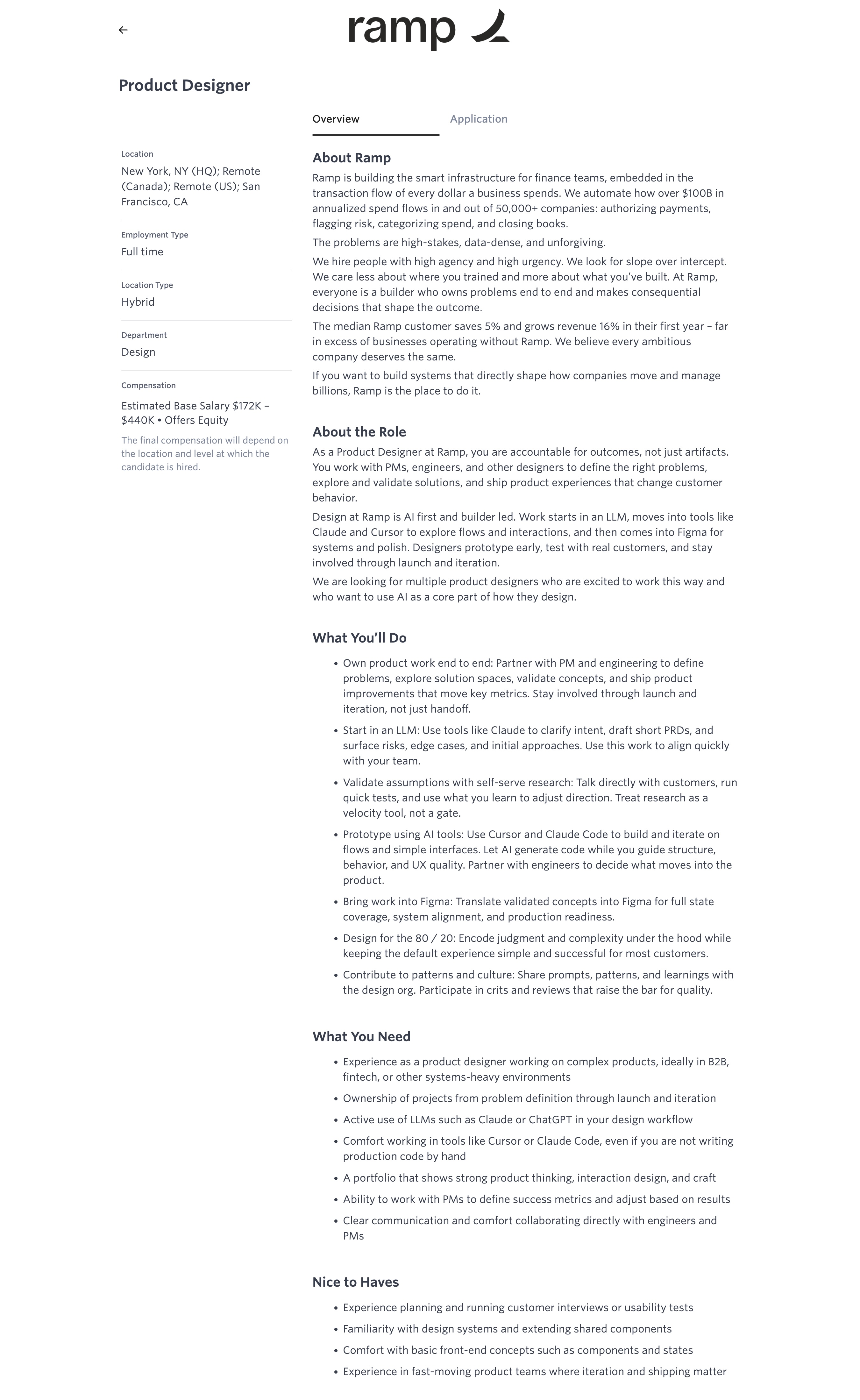 Ramp Product Designer job listing: AI-first workflow, LLM, Claude, Cursor, Figma, outcomes over artifacts